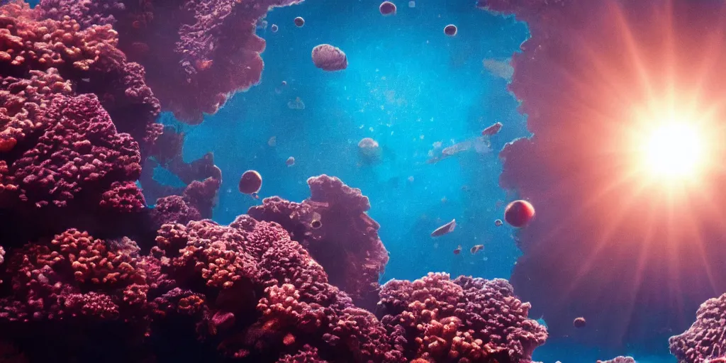 Image similar to astronauts find a coral reef on the moon. 4 k film still image. christopher nolan. in the style of interstellar. colorful corals. magical. lens flare