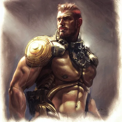 Prompt: handsome portrait of a spartan guy bodybuilder posing, radiant light, caustics, war hero, metal gear solid, ghost in the shell, by gaston bussiere, bayard wu, greg rutkowski, giger, maxim verehin