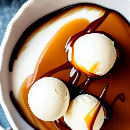 Image similar to closeup of a bowl with three balls of vanilla ice cream covered with caramel sauce and sprinkles. Simplistic.