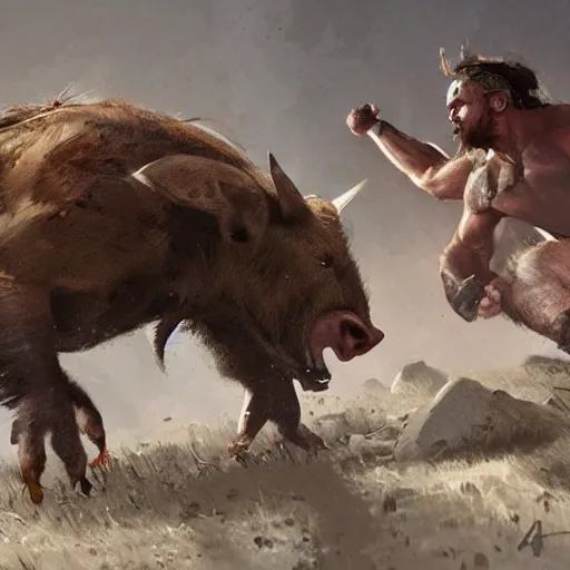 Image similar to barbarian fist fight wild boar, 8 k, trending on by tooth wu and greg rutkowski