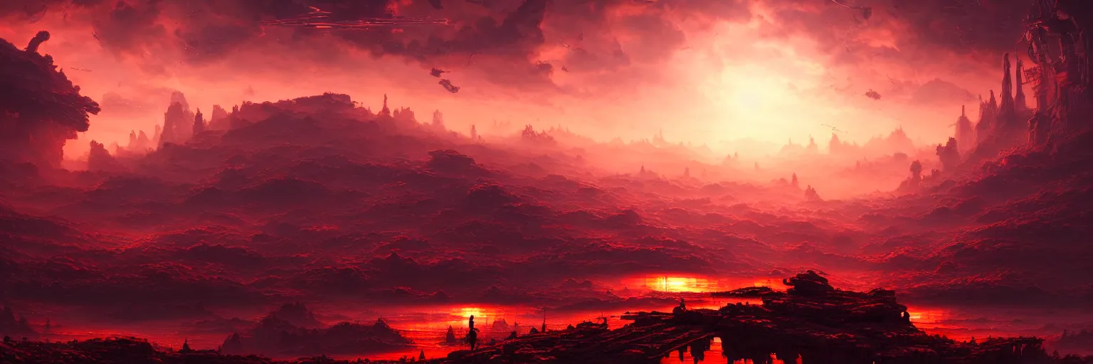Image similar to ultra realist intricate detailed landscape painting of an alien world, red sky with mech buildings and cyborg tech, symmetry accurate features, very intricate details, bokeh focus, 8 k render, artstyle lorenz hideyoshi ruwwe, award winning