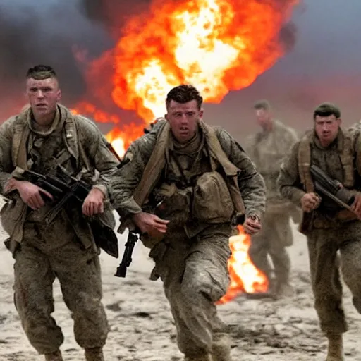 Prompt: american soldiers running at the camera with rifles during normandy beach landing with fiery explosions and debris and dead bodies and limbs all around them in the style of the movie lone survivor and saving private ryan, gritty, 4 k, cinematic lighting,