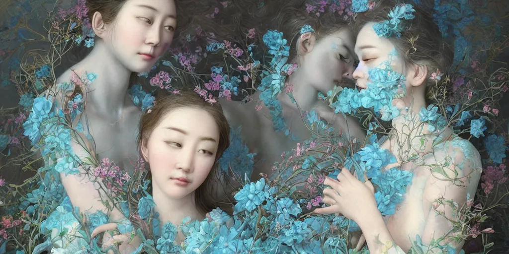 Image similar to breathtaking detailed concept art painting portrait of two goddess of light blue flowers by hsiao - ron cheng, carroty hair, orthodox saint, with anxious piercing eyes, vintage illustration pattern background with bizarre compositions blend of flowers and fruits and birds by beto val and john james audubon, exquisite detail, extremely moody lighting, 8 k