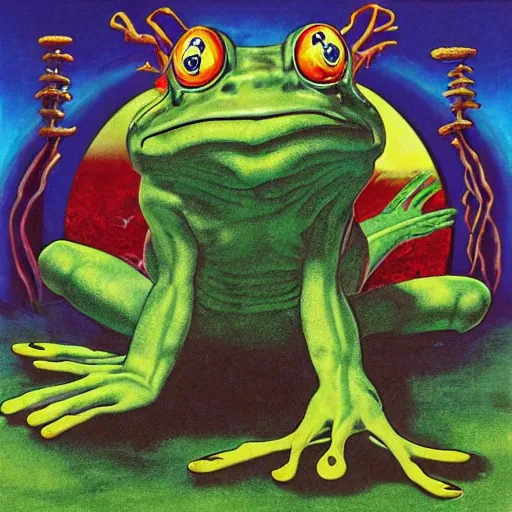 Prompt: progressive rock album cover of an elder wizard frog casting a world ending spell, in the style of Roger Dean