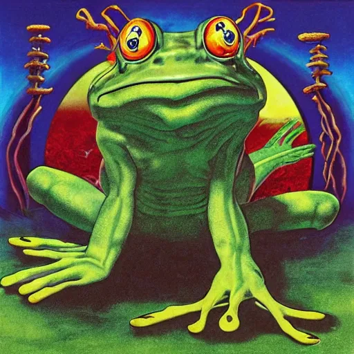 Image similar to progressive rock album cover of an elder wizard frog casting a world ending spell, in the style of Roger Dean