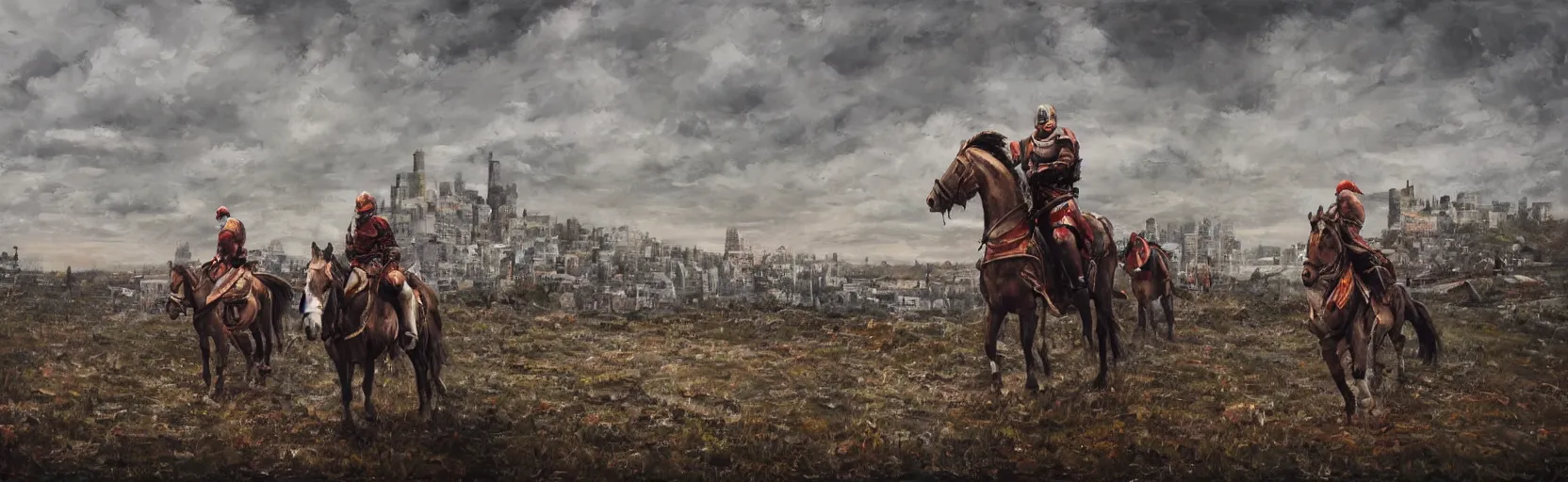 Image similar to horseback knights at scenic overlook; cloudy, grey skies, tents close, walled fortress city of deteriorating office buildings in background on hill, post apocalyptic, grungy; oil on canvas, artstation, colorful