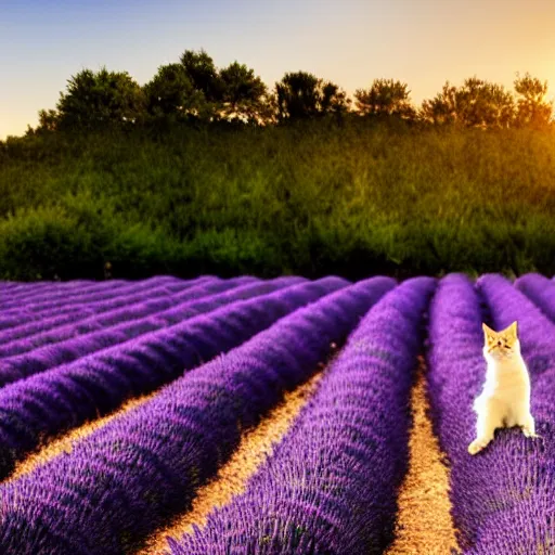 Image similar to lavender field in provence at sunset with a cat sitting in foreground