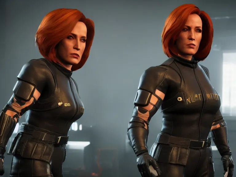 Image similar to Dana Scully and her doppelganger in Mortal Kombat 11, ps5 cinematic screen capture, 4k