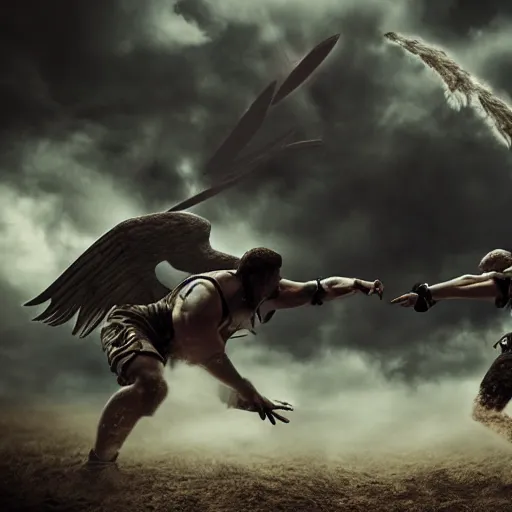 Prompt: an epic battle between two fallen angels, low camera angle, cinematic style, photorealistic