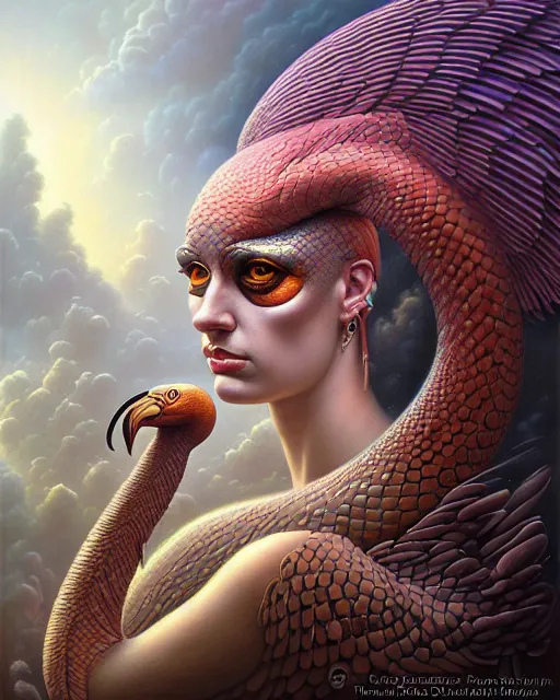 Image similar to a detailed portrait of dreampunk flamingo python hybrid mix goddess by tomasz alen kopera and peter mohrbacher