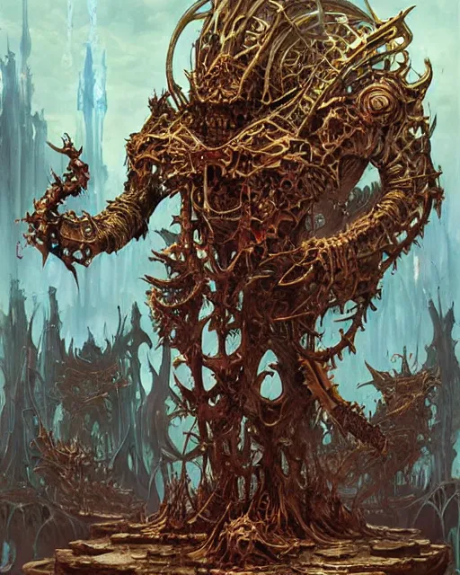 Image similar to biomechanical warhammer final boss creature vecna, art by bruce pennington and peter mohrbacher