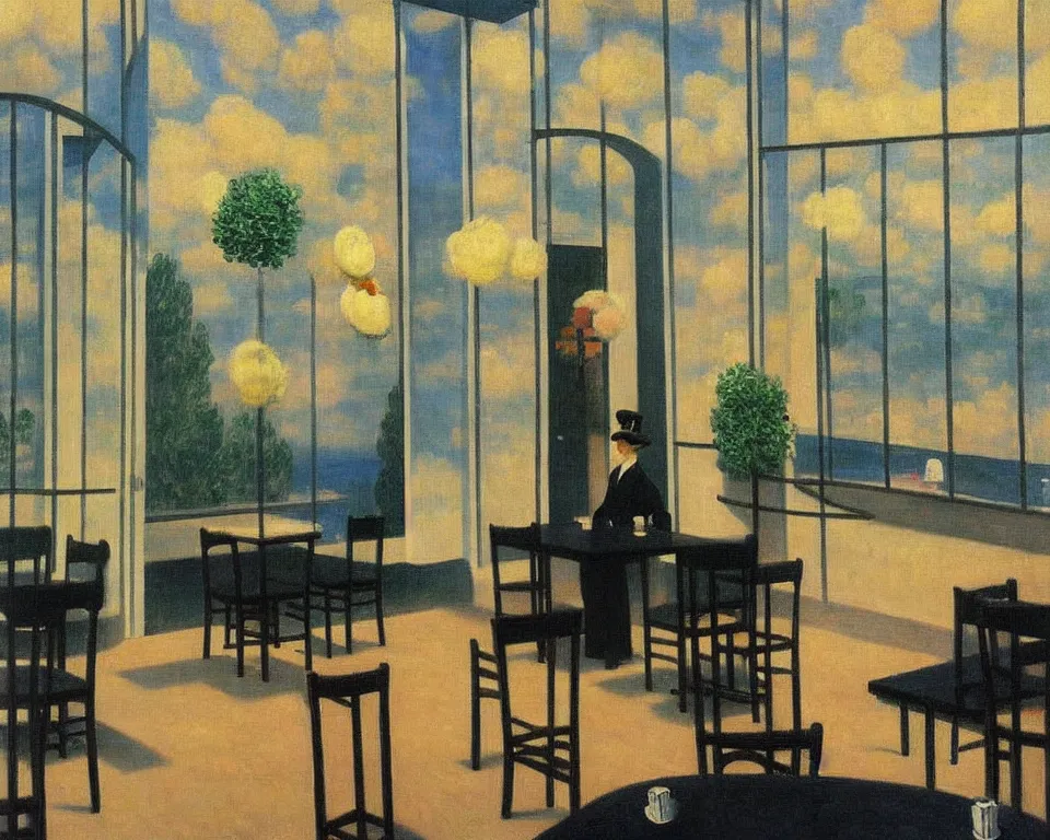 Prompt: achingly beautiful painting of a sophisticated, well - decorated modern cafe by rene magritte, monet, and turner. whimsical.