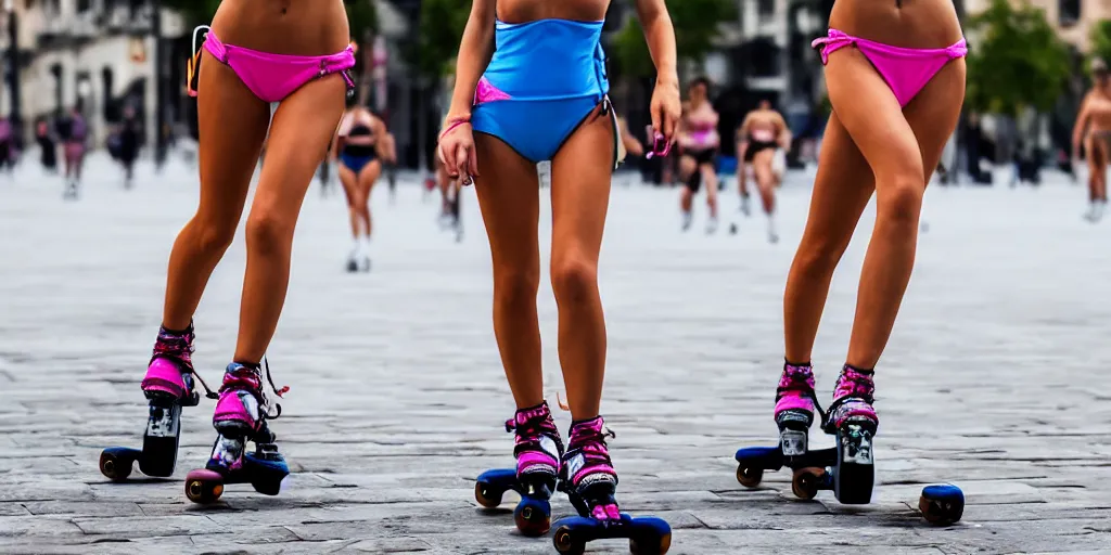 Prompt: lovely detailed faces of a bikini models rollerblading on the street and having fun, sharp eyes, smile, portrait, face close - up
