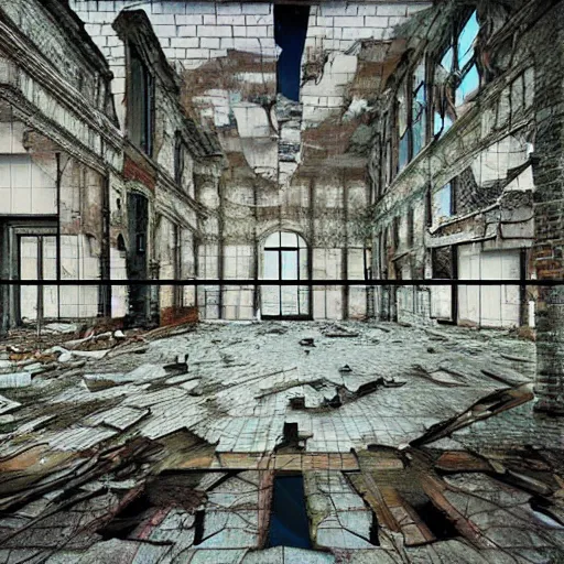 Prompt: realistic photograph of an abandoned building interior glitching through reality, glitch art