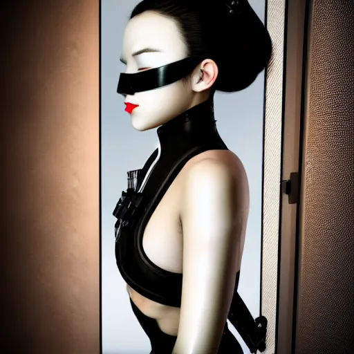 Prompt: a hyper realistic futuristic, minimal, stunningly cyborg tradition geisha photograph, covering face with a intricate sci - fi equipment, high fashion, in a dark futuristic room, metal gear solid, dark moody backlighting, paper door, ray tracing, ambient light, octane render,