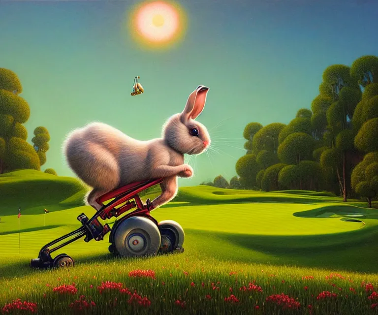 Image similar to hyper detailed 3d render like a Oil painting - a cartoon rabbit riding a lawnmower across a golf course at dawn, by Jacek Yerka, Mariusz Lewandowski, Houdini algorithmic generative render, Abstract brush strokes, Masterpiece, Edward Hopper and James Gilleard, Zdzislaw Beksinski, Mark Ryden, Wolfgang Lettl, hints of Yayoi Kasuma, octane render, 8k