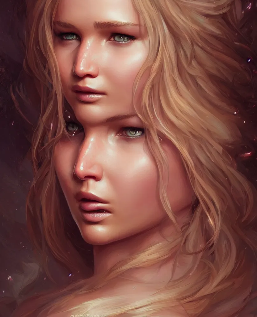 Image similar to Jennifer Lawrence, closeup, D&D, fantasy, intricate, elegant, highly detailed, digital painting, artstation, concept art, matte, sharp focus, illustration, hearthstone, art by Artgerm and Greg Rutkowski and Alphonse Mucha