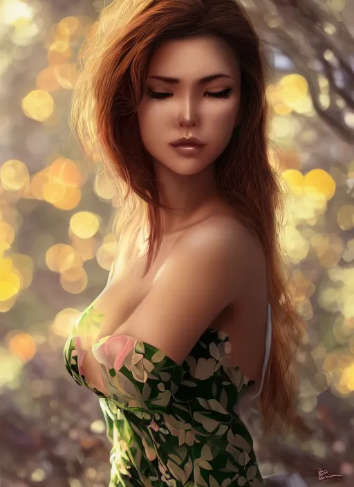 Image similar to photo of a gorgeous female in the style of stefan kostic, realistic, half body shot, sharp focus, 8 k high definition, insanely detailed, intricate, elegant, art by stanley lau and artgerm, extreme bokeh foliage