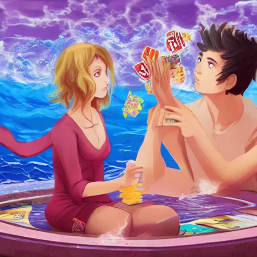 Prompt: aoi asahina and percy jackson playing go fish under the ocean, beautiful digital art