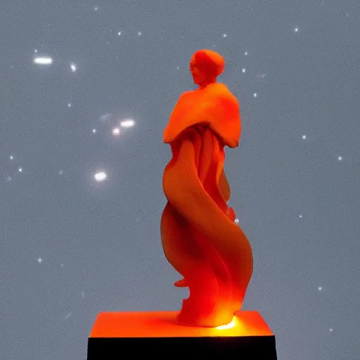 Image similar to cinnabar, warm orange lifelike by stuart immonen. a beautiful sculpture. the abyss above him shone with unflickering stars. one of the dots of light was earth. he didn't know which one.