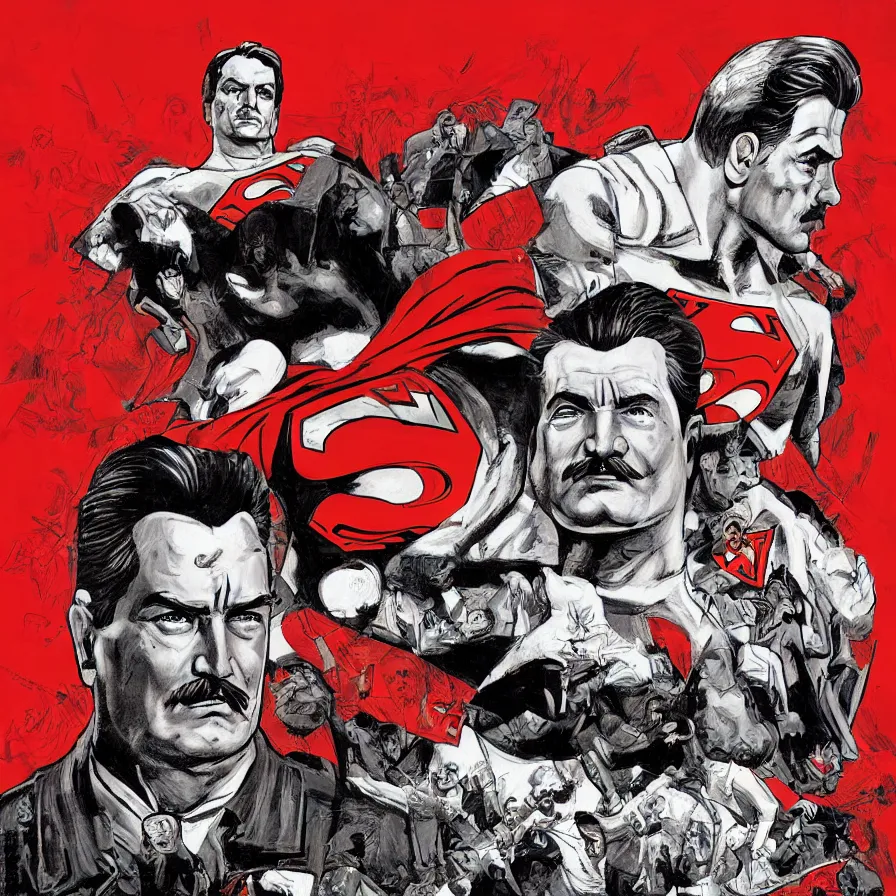 Prompt: epic comic book cover of stalin as superman floating over the red square ( moscow ), hammer and sickle, socialist realism, soviet nostalgia, sovietwave aesthetic, photorealistic, intricate digital art, trending artstation, artgem, rich moody colors, fan art, concept art, in the style of the red son, by cory walker and ryan ottley