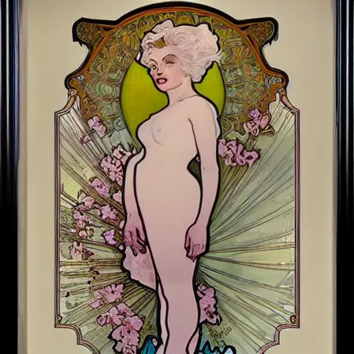 Prompt: art nouveau painting by Alphonse Mucha of Marilyn Monroe. The painting is framed by flowers. Soft, muted colors, dreamy aesthetic.