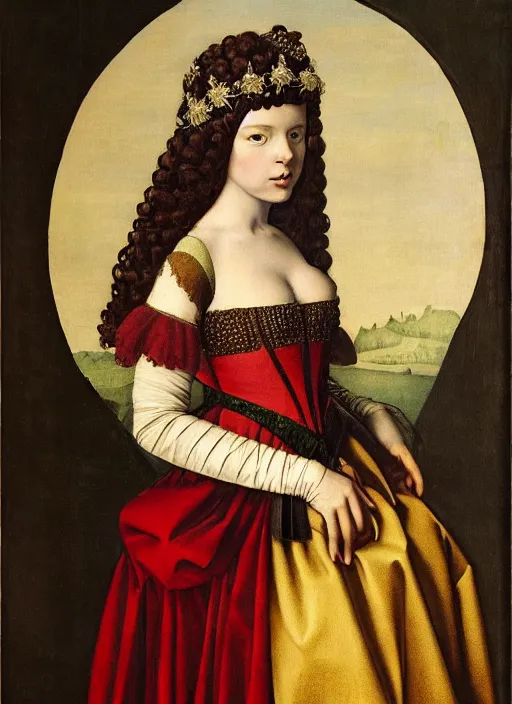 Prompt: portrait of young woman in renaissance dress and renaissance headdress, art by jean - michel folon