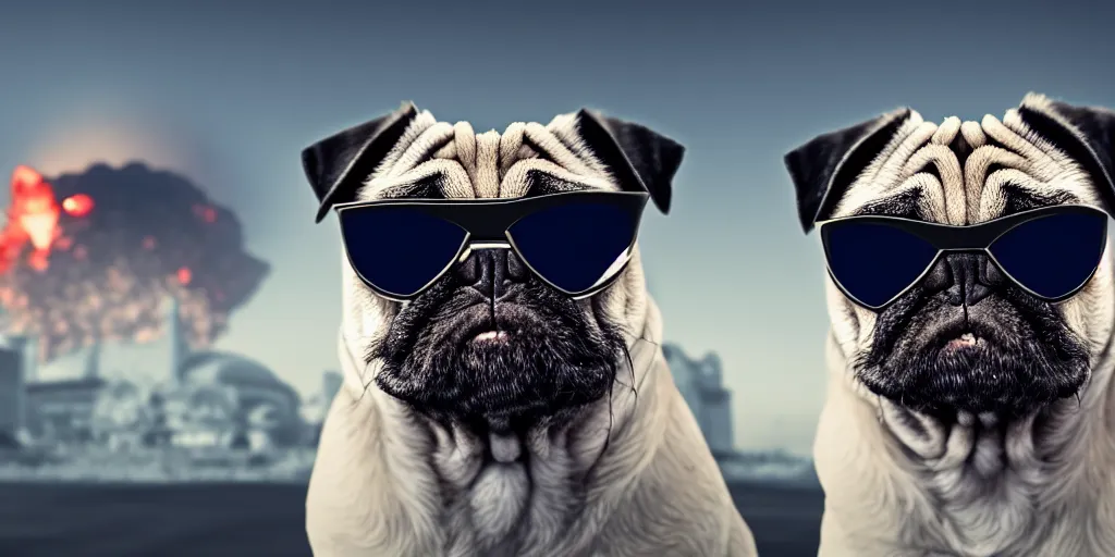 Prompt: close up view of a pug wearing sunglasses while a nuclear bomb explodes in the background, 8K, HDR, pixal, polygonal