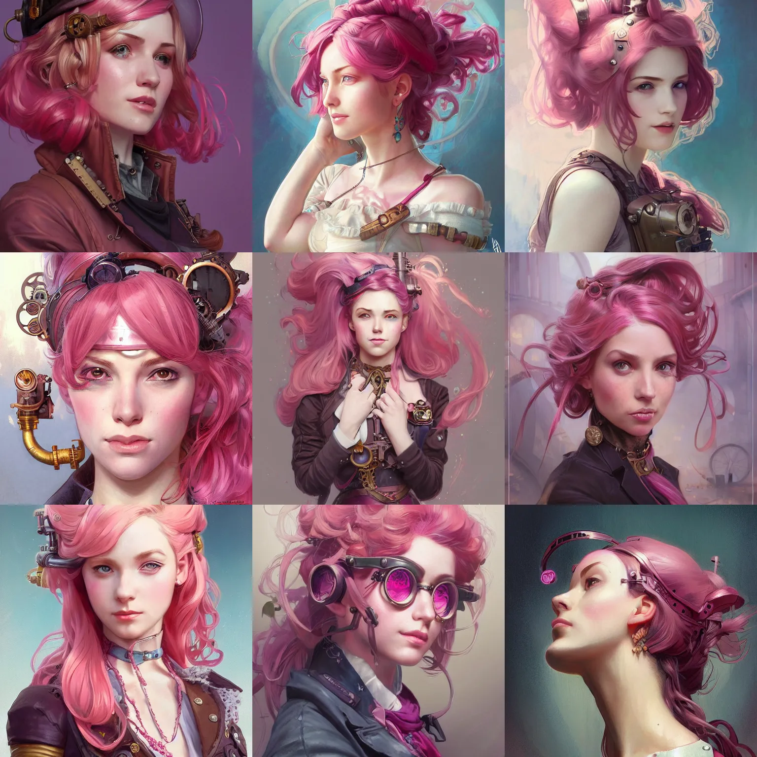 Prompt: steampunk inventor girl, pink hair, portrait, highly detailed, digital painting, artstation, concept art, sharp focus, illustration, art by artgerm and greg rutkowski and alphonse mucha