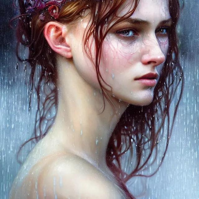 Prompt: bright portrait rain on face and wet hair, overhead lighting, fantasy, intricate, elegant, dramatic lighting, highly detailed, lifelike, photorealistic, digital painting, artstation, illustration, concept art, smooth, sharp focus, art by John Collier and Albert Aublet and Krenz Cushart and Artem Demura and Alphonse Mucha