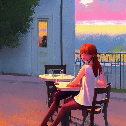 Prompt: girl sitting in french cafe outside at sunset, art, painting, artstation, by ilya kuvshinov, by artgerm