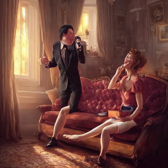 Image similar to portrait of michael mcintyre leaving on a sofa with a singing waitress, elegant, real life skin, intricate artwork, high detailed, artstation, concept art, smooth, sharpz focus, art by artgerm and greg rutkowski