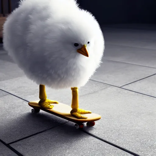 Image similar to fluffy chick looking at the camera, on a skateboard with the nose up, on floor with tiles, photorealistic