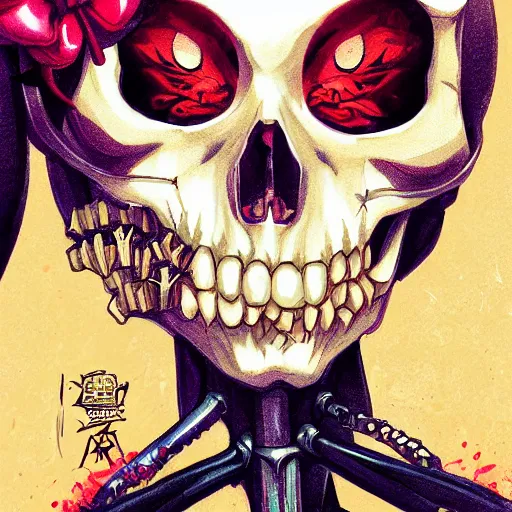 Image similar to anime manga skull portrait young woman skeleton, pixar, painterly, logo, graffiti, cuphead, highly detailed, digital art, art by jc leyendecker and sachin teng