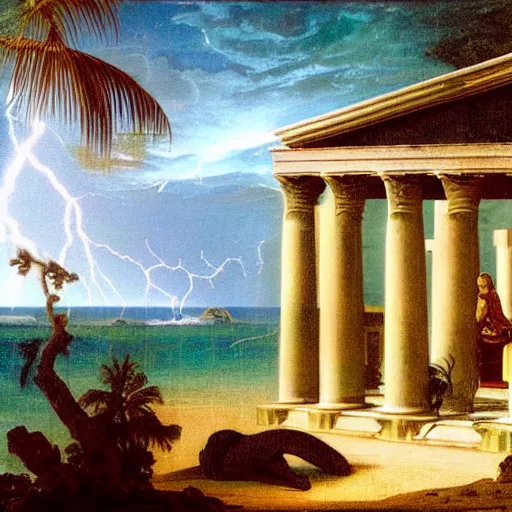 Image similar to Doric temple on front of balustrade and palace columns, refracted lightnings on the ocean, thunderstorm, tarot cards characters, beach and Tropical vegetation on the background major arcana sky and occult symbols, by paul delaroche, hyperrealistic 4k uhd, award-winning, very detailed paradise