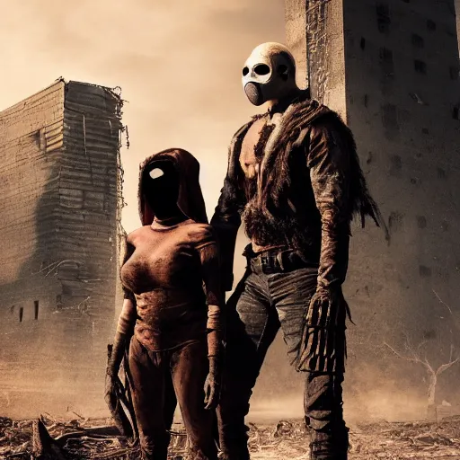 Image similar to a very huge, very big masked mutant man standing next to a very small blonde woman, they are staring at the horizon where there are the ruins of a city, postapocalyptic, mad max style, movie still