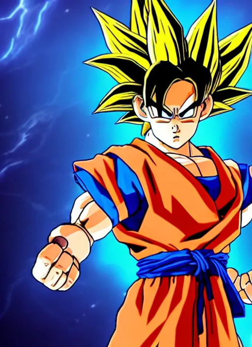 Image similar to game still of a sayan goku as a fortnite skin in fortnite by fortnite, pose.