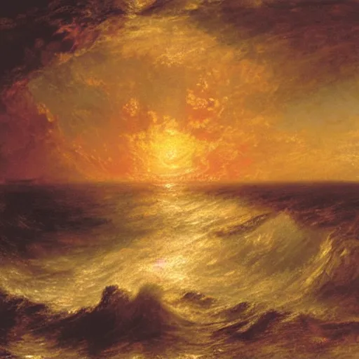 Prompt: latlong environment texture map of stormy ocean at sunset by turner