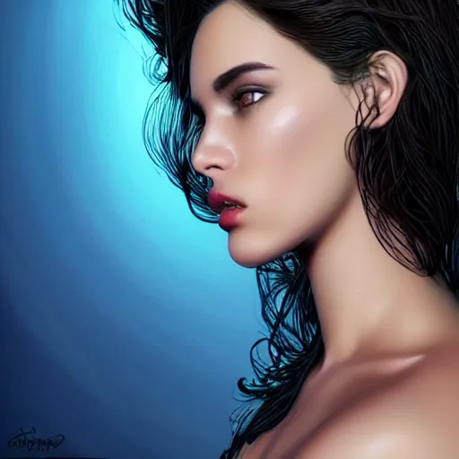 Image similar to beautiful brunette young woman's face, intricate, synth-wave, retrowave, highly-detailed, elegant, dramatic lighting, gorgeous face, lifelike, photorealistic face, long luxurious intricate gown, digital painting, artstation, illustration, concept art, smooth, sharp focus, art by Craig Russel, Barry Smith, artgerm, and Albert Aublet and Krenz Cushart and Artem Demura and Alphonse Mucha