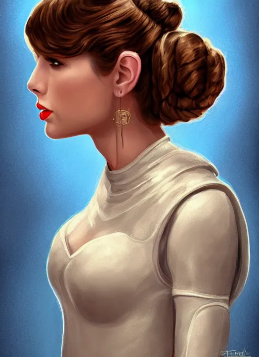 Image similar to Taylor Swift as Princess Leia in Star Wars, intricate, elegant, highly detailed, centered, digital painting, artstation, concept art, smooth, sharp focus, illustration