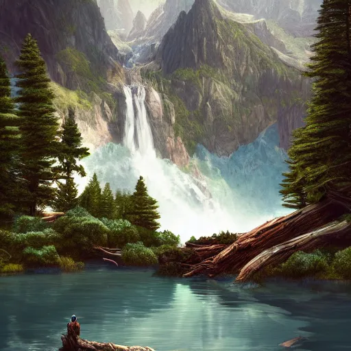 Prompt: mountain lake in sierra nevada, mountain with a waterfall in the background, deers drinking water in the lake, old fallen tree half - submerged into the lake, illustration, epic, fantasy, intricate, hyper detailed, artstation, concept art, smooth, sharp focus, ray tracing, vibrant, photorealistic, jessica rossier