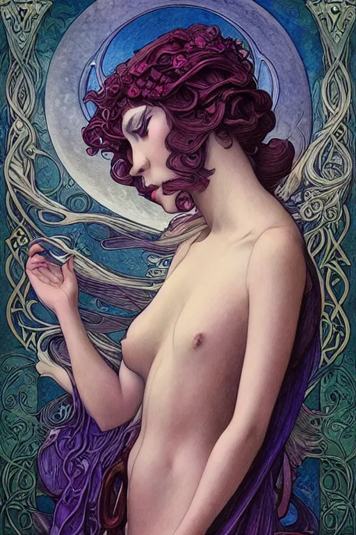 Prompt: Art Nouveau Lilith, Empress of the moon, Sensual beautiful esoteric woman, full body portrait, headshot, D&D, fantasy, highly detailed, digital painting, artstation, concept art, sharp focus, illustration, art by artgerm, Ayami Kojima, Amano, Charlie Bowater, Karol Bak, Greg Hildebrandt, Jean Delville, and Mark Brooks, greg rutkowski and alphonse mucha