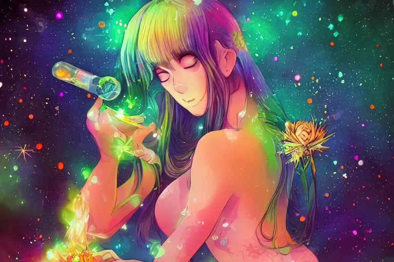 Image similar to psychedelic, full body picture, whimsical, anime, 4k, beautiful lusty woman smoking a bong, with professional makeup, long trippy hair, a crystal and flower dress, sitting in a reflective pool, surrounded by gems, underneath the stars, rainbow fireflies, trending on patreon, deviantart, twitter, artstation, volumetric lighting, heavy contrast, art style of Ross Tran and Miho Hirano and Ilya Kuvshinov