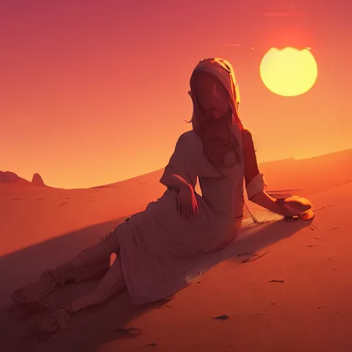 Image similar to sunset in the desert, fantasy art, illustration, animated film,, by roman shipunov, etienne hebinger, atey ghailan, cgsociety, cynical realism, fantasy art, 2 d game art