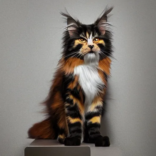 Prompt: very cute huge calico main coon in office, portrait, pixar style, cinematic lighting, award winning creature portrait photography