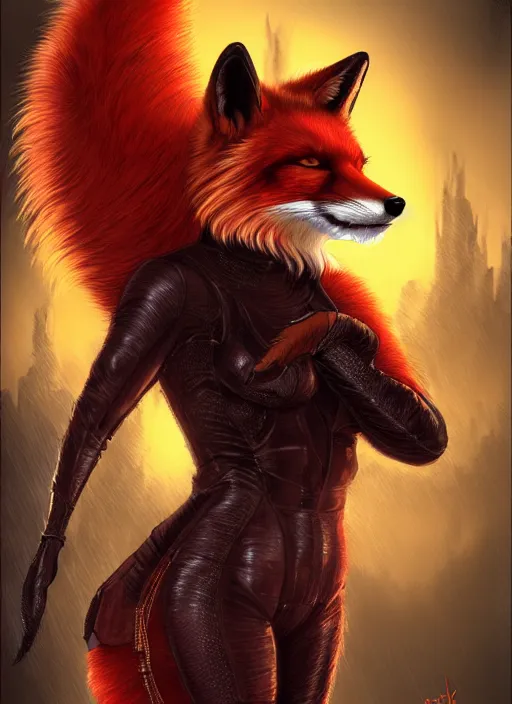 Prompt: aesthetic portrait commission of a of a female fully furry anthro ( red fox ) with a tail and a beautiful attractive hyperdetailed face wearing wearing a outfit in a sci - fi dystopian city at golden hour while it storms in the background. character design by dayer, diego 5, detailed, inked, western comic book art, award winning film poster painting, evocative