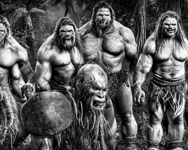 Image similar to hyper realistic group vintage photograph of a live action warcraft orc warrior tribe in the jungle, tall, hulk like physique, detailed faces, tribal paint, tribal armor, grain, old, monochrome, sepia toned, realistic lighting, wide angle