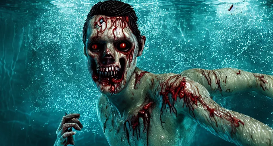 Image similar to highly detailed full body portrait of a zombie swimming underwater in a zombie - apocalypse, in a swimming pool, by stephen bliss, octane render