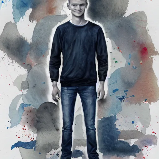 Image similar to full body sketch of vitalik buterin, high detail face, perfect anatomy, watercolor background, pencil art, ink and pencil, hyperrealistic, hyperdetailled, digital art, greg rutkowski, artstation, 8 k, beautiful drawing, paper texture, spray paint, watercolors