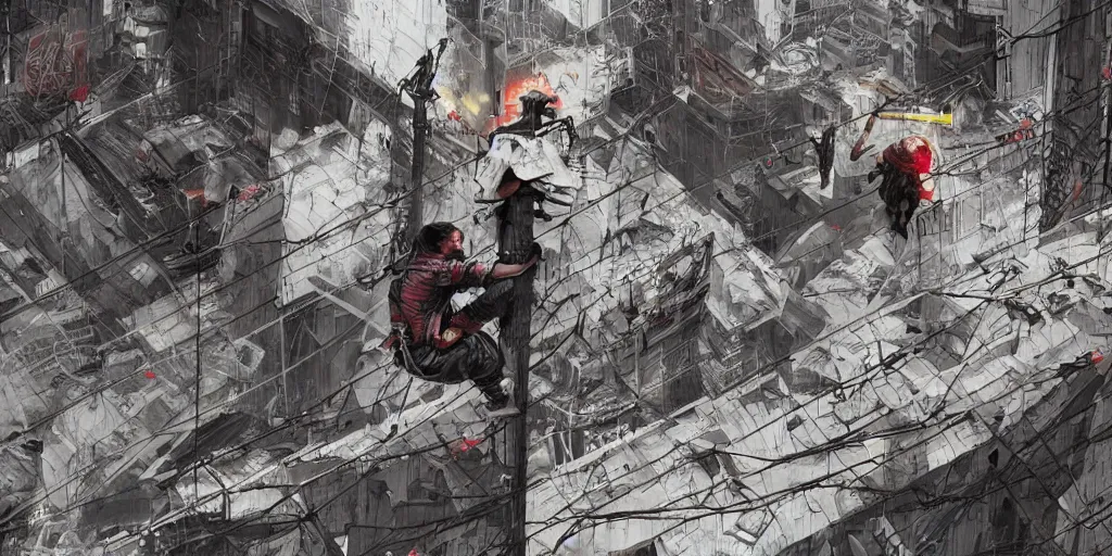 Image similar to cinematic shots of teenagers with tactical clothing and hoods hanging from wires on top of the capitol building covered with giant graffitis, dystopian future, industries in ruins, sci - fi, night lights, haze, concept art, intricate, in the style of katsuhiro otomo, akira, unreal engine